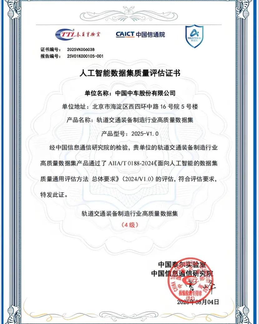 【科技引领创新】央企制造业首家！中国中车获可信AI人工智能数据集质量最高评级